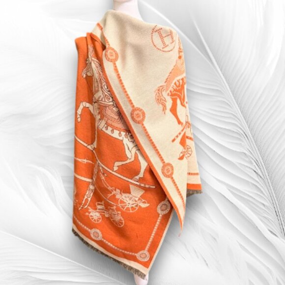 Reversible Equestrian Print Shawl Wrap – Orange & Cream, Soft Warm Cape - Picture 4 of 9